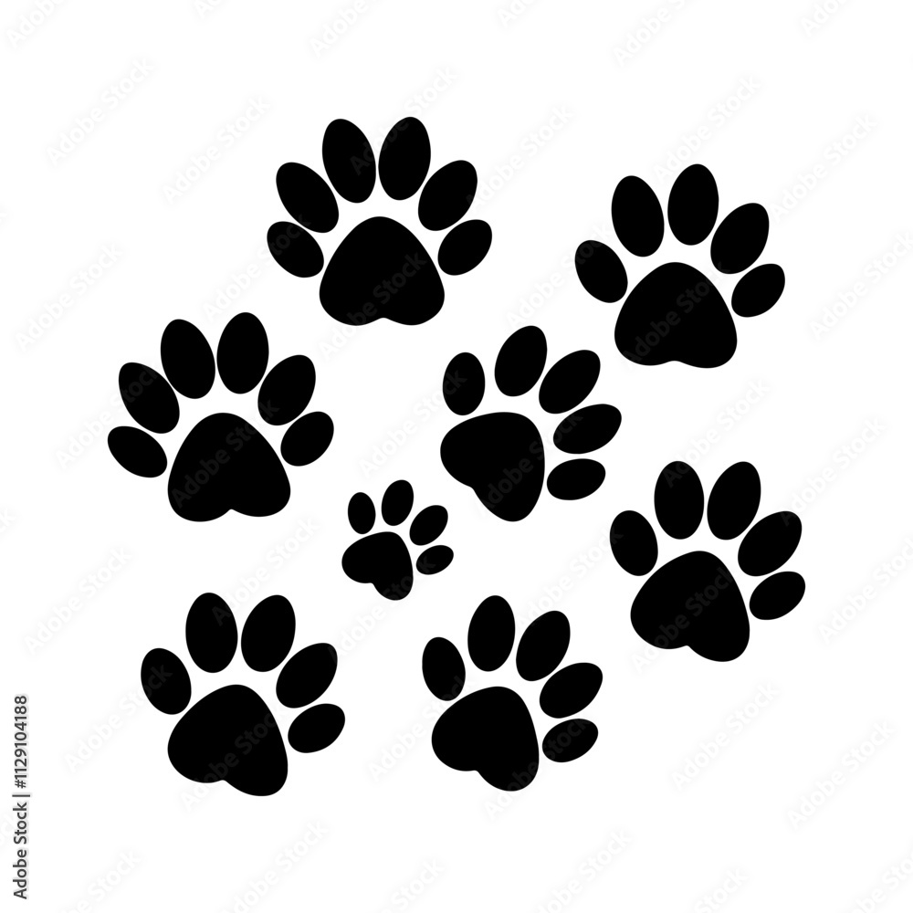 Fototapeta premium animal paw prints silhouette, black and white silhouette, vector and&nbsp;illustration