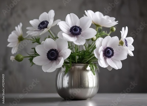 Elegant anemone blooms in a silver mercury glass vase, floral arrangement, home decor