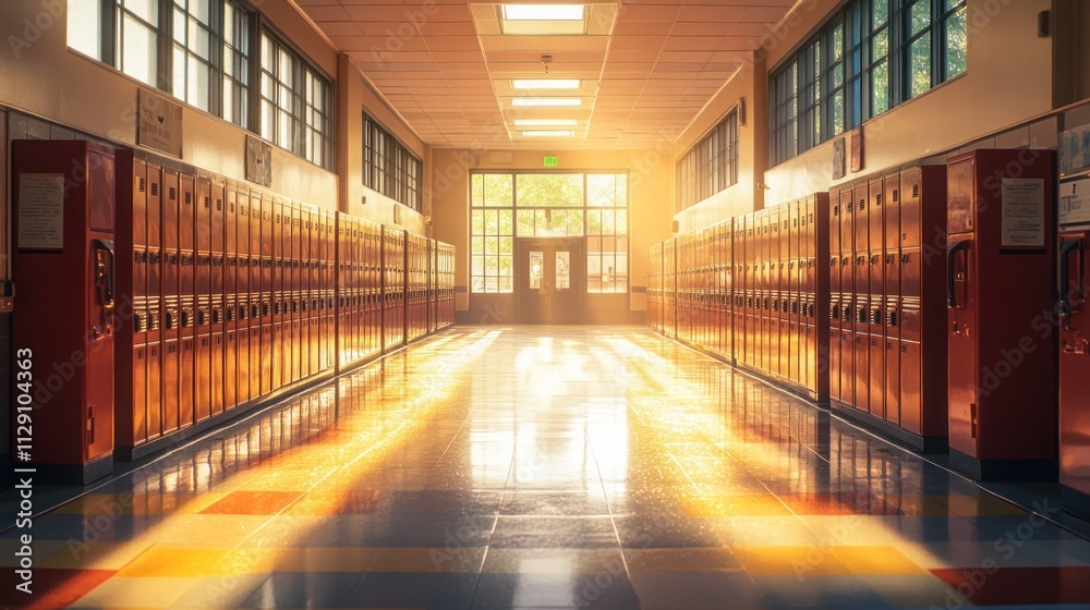 custom made wallpaper toronto digitalSunlit school hallway with rows of lockers.