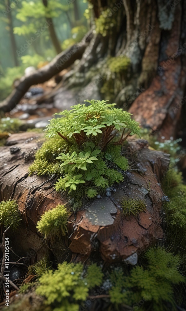 A tiny plant growing on a large tree trunk with moss and lichen around it , bark, growth, tree bark A tiny plant growing on a large tree trunk with moss and lichen around it , bark, growth, tree bark