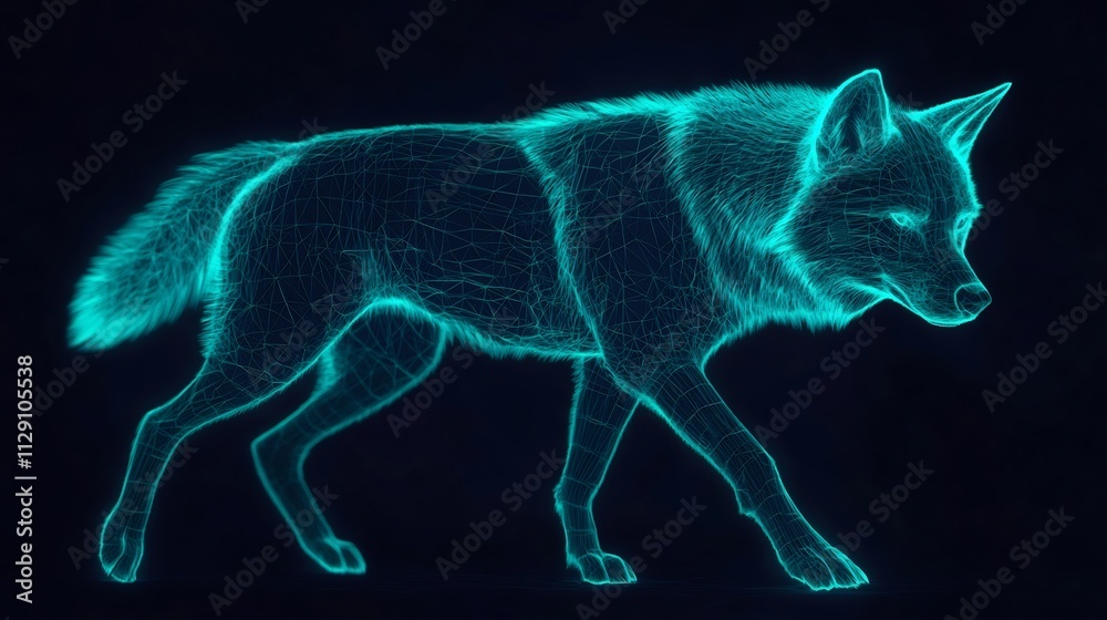 Fototapeta premium Teal Electric Wolf Silhouette Surging Through Neon Wilderness Backdrop