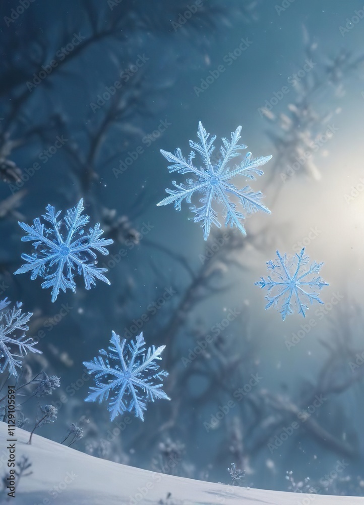 Ethereal blue snowflakes floating gently through a winter sky, blue snowflakes, frozen world, serene atmosphere Ethereal blue snowflakes floating gently through a winter sky, blue snowflakes, frozen world, serene atmosphere