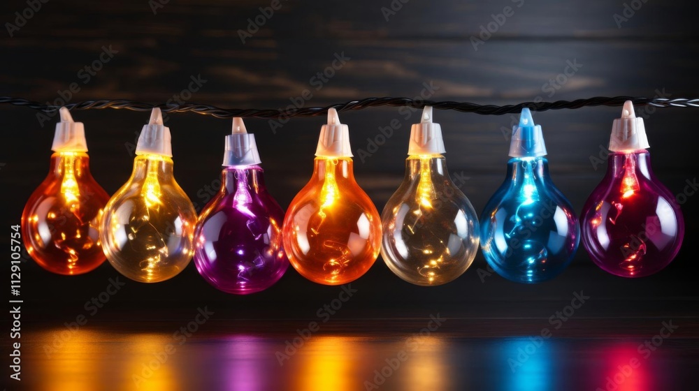 A string of colorful light bulbs hanging from a wooden surface