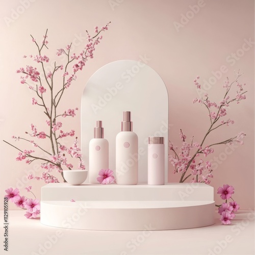 Beige podium display. Pink flower tree branch. Cosmetic or beauty product promotion floral pedestal. Abstract minimal advertise. Podium and stand for product promotion. 3D render copy space mockup.