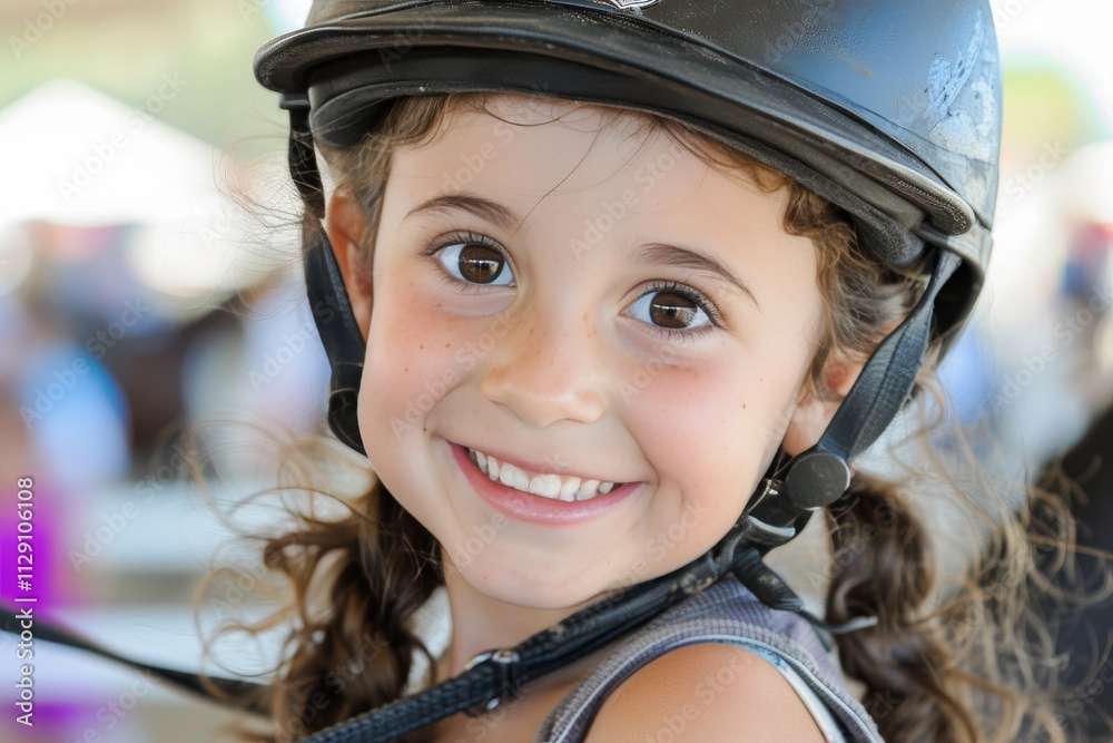 Joyful young girl enjoying equitation lesson on horseback, smiling at camera with riding helmet on Joyful young girl enjoying equitation lesson on horseback, smiling at camera with riding helmet on