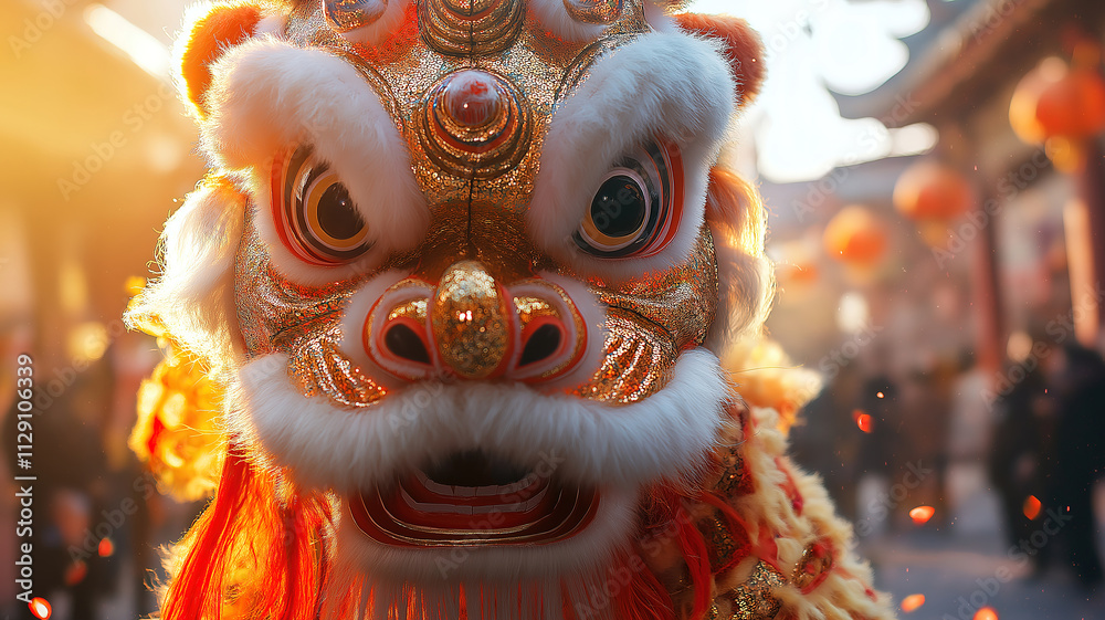 Vibrant lion dance close-up, a key tradition in Chinese festivals symbolizing prosperity Vibrant lion dance close-up, a key tradition in Chinese festivals symbolizing prosperity