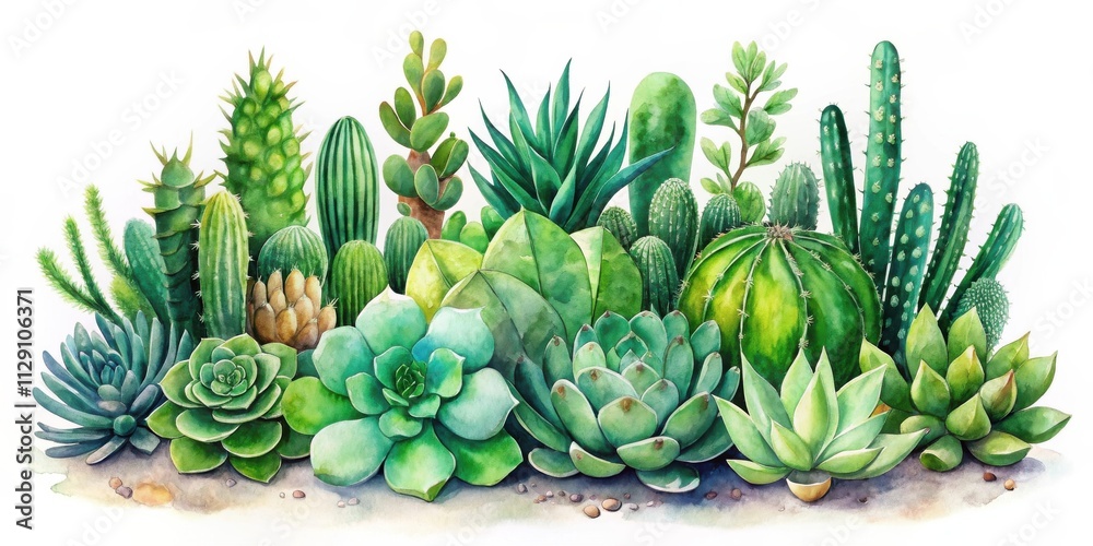 Fototapeta premium A watercolor illustration featuring a diverse array of succulent plants, including various cacti, agave, and succulents, with a focus on their vibrant green hues and intricate textures.