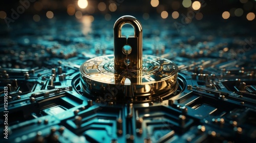 A golden lock is placed on a blue surface