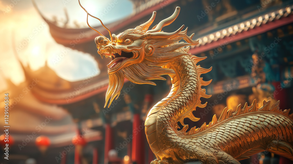 Fototapeta premium Closeup of Chinese temple's golden dragon statue, an iconic symbol of New Year celebrations