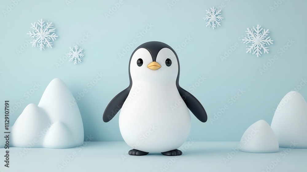 Obraz premium Adorable 3D Cartoon Penguin Surrounded by Icebergs and Snowflakes on Minimalist Background
