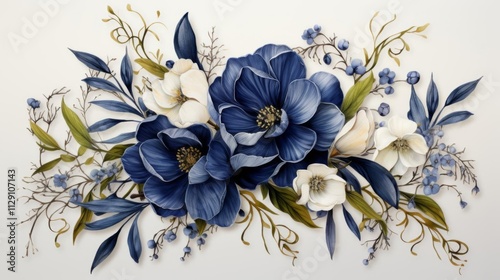 A blue and white flower arrangement with a blue flower in the center