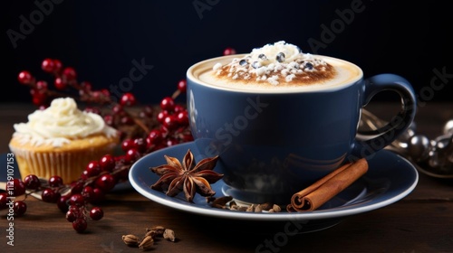 A blue coffee cup with a cinnamon stick on top sits on a plate