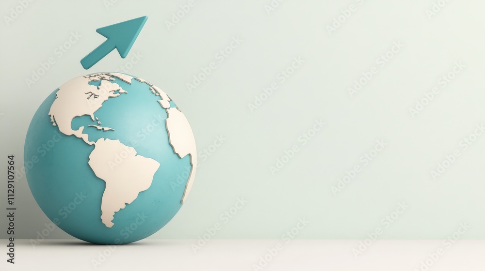 Global Growth and Expansion: A stylized teal globe with an upward-pointing arrow symbolizes worldwide growth, progress, and expansion. Perfect for illustrating concepts of international business. Global Growth and Expansion: A stylized teal globe with an upward-pointing arrow symbolizes worldwide growth, progress, and expansion. Perfect for illustrating concepts of international business.