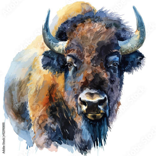 A watercolor drawing of a bison, isolated on a white background. Bison vector.