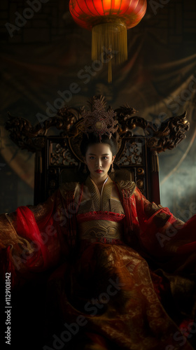 An ancient Chinese empress dressed in red sitting on a dark throne. Vertical wallpaper. photo