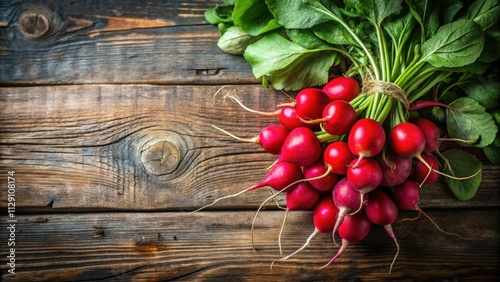 A bunch of fresh red radishes tied with twine and green leaves on a rustic wooden surface