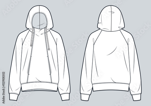 Hooded Collar Sweatshirt technical fashion illustration. Hoodie fashion flat technical drawing template, raglan sleeve, pockets, oversize, front and back view, white, women, men, unisex Top CAD mockup