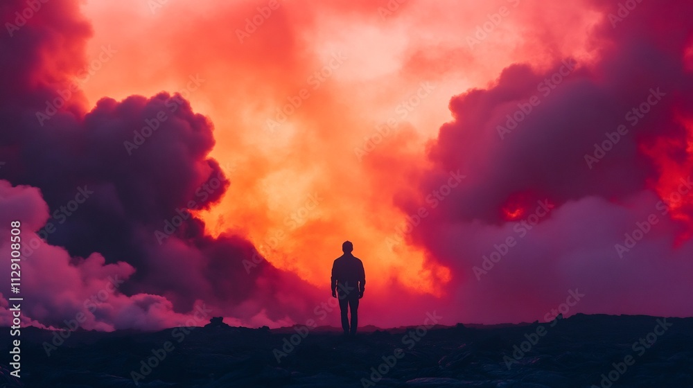 Obraz premium Solitary Man's Silhouette Amid Dramatic Volcanic Landscape