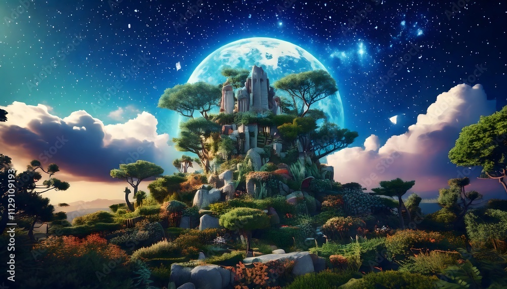 Obraz premium Fantasy Landscape Enchanting Moonlit Castle on Hilltop Garden