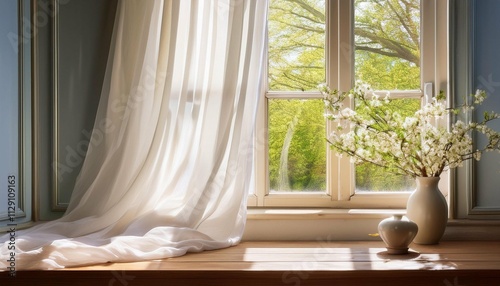 a window with sheer white curtains gently billowing in the spring breeze maintain a soft and muted color scheme to convey a sense of tranquility and simplicity