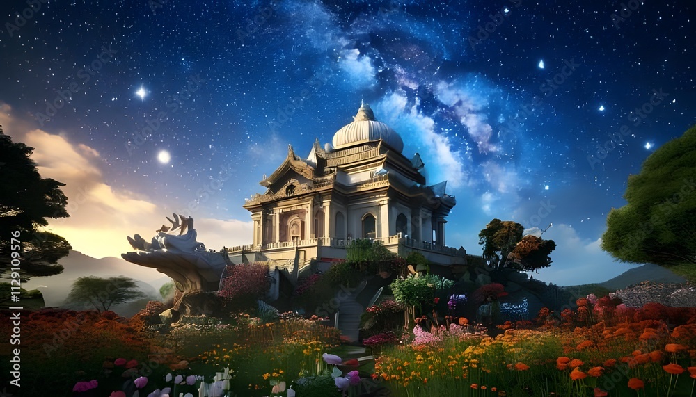 Fototapeta premium Serene Temple Gardens Under Starry Night Sky