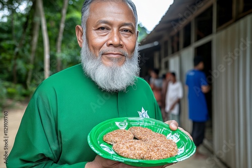 A dynamic shot of a man distributing food to the less fortunate during Eid, surrounded by grateful smiles
