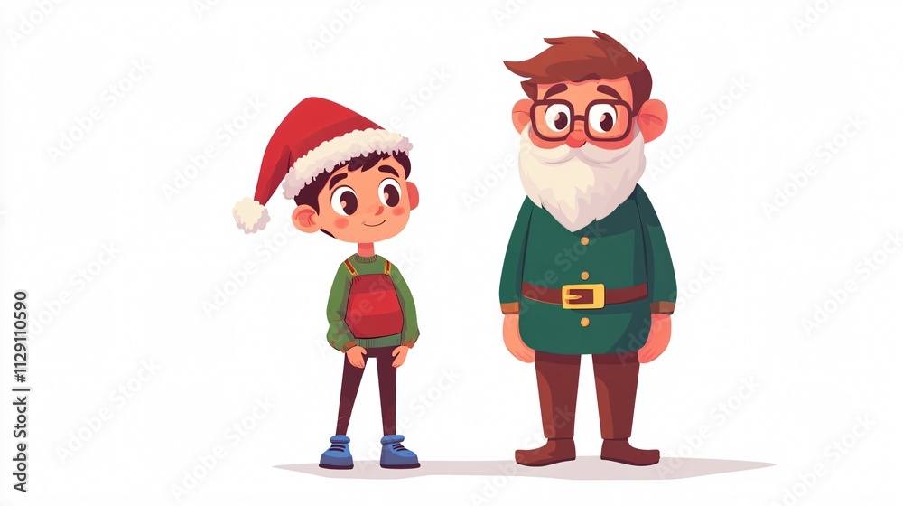Festive Christmas Santa, Elf, and Kid Cartoon Character Illustration Festive Christmas Santa, Elf, and Kid Cartoon Character Illustration