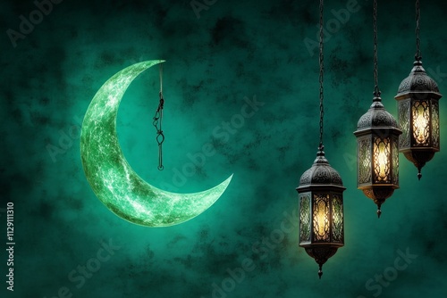 A gothic depiction of a glowing crescent moon surrounded by dark, ornate lanterns and moody lighting, creating a mystical Eid atmosphere photo