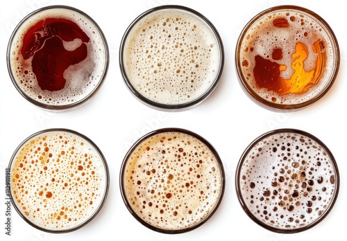 A Colorful Variety of Craft Brews Displayed in Clear Glasses Showing Diverse Textures and Foams from Different Styles of Beer for Enjoyment and Tasting Experience photo