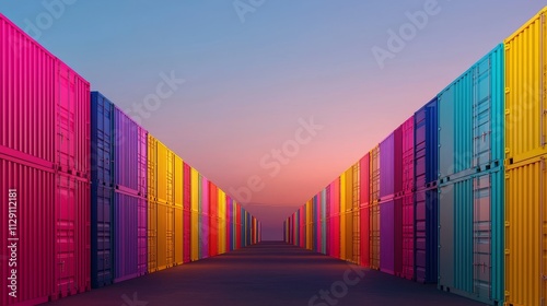 Colorful shipping containers arranged in a row, creating a vibrant and artistic perspective for transport themes. photo