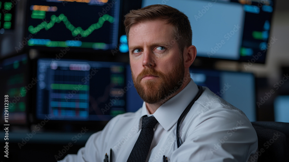 Fototapeta premium Focused professional analyzing financial data in modern trading environment, showcasing concentration and determination.