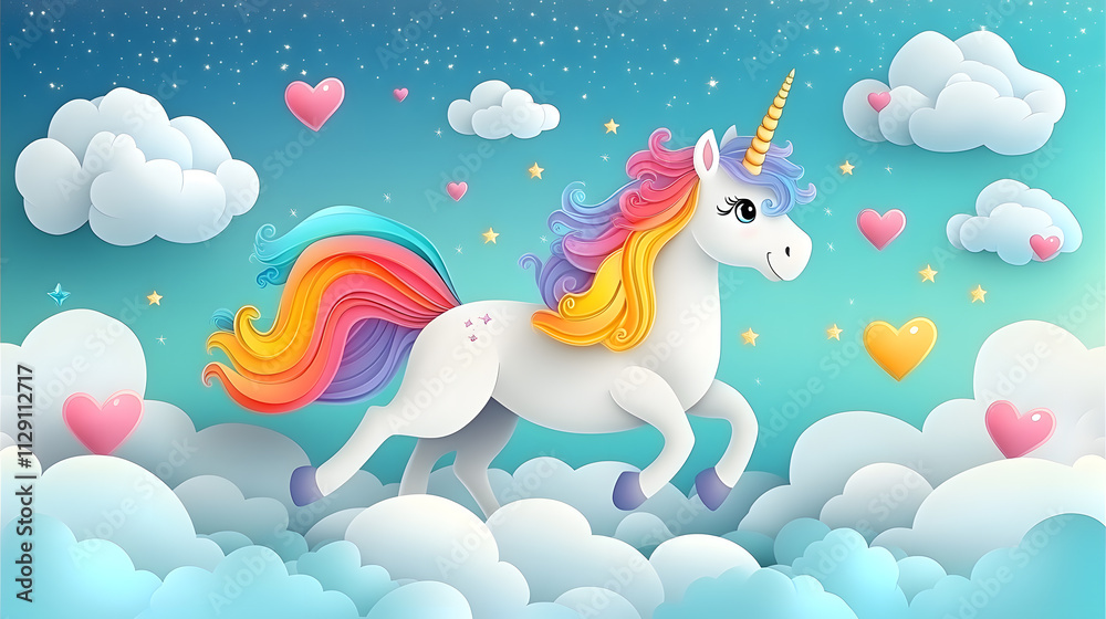 A playful cartoon-style illustration of a unicorn with a rainbow mane and sparkling horn, prancing through a cloud-filled sky, surrounded by twinkling stars and floating hearts.