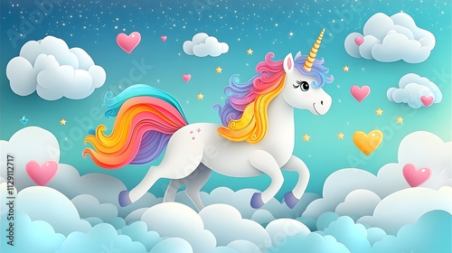 Obraz na płótnie A playful cartoon-style illustration of a unicorn with a rainbow mane and sparkling horn, prancing through a cloud-filled sky, surrounded by twinkling stars and floating hearts. w salonie