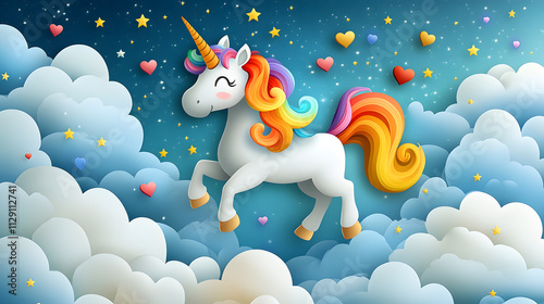 A playful cartoon-style illustration of a unicorn with a rainbow mane and sparkling horn, prancing through a cloud-filled sky, surrounded by twinkling stars and floating hearts.