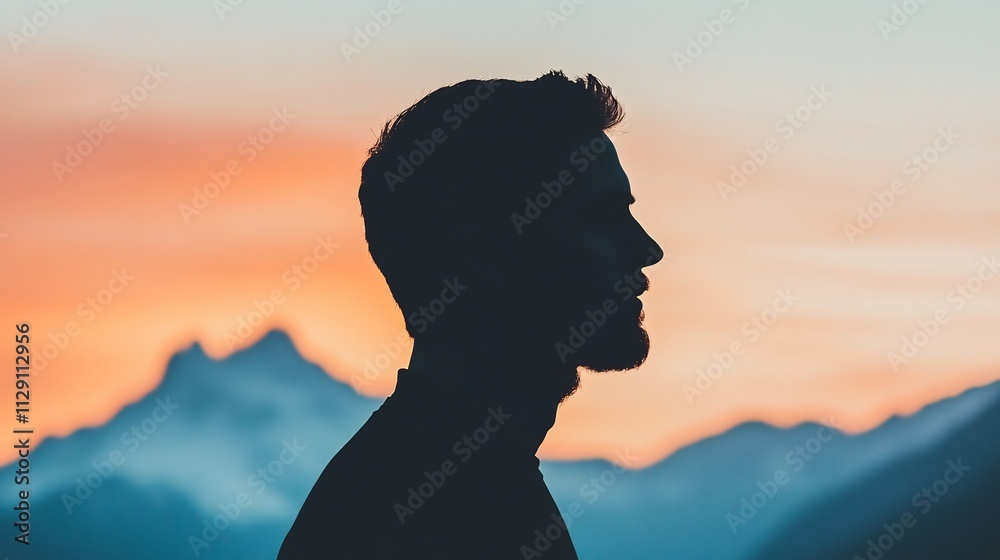 Silhouette of a Man's Profile Against Snowy Mountain Peak at Sunset Silhouette of a Man's Profile Against Snowy Mountain Peak at Sunset
