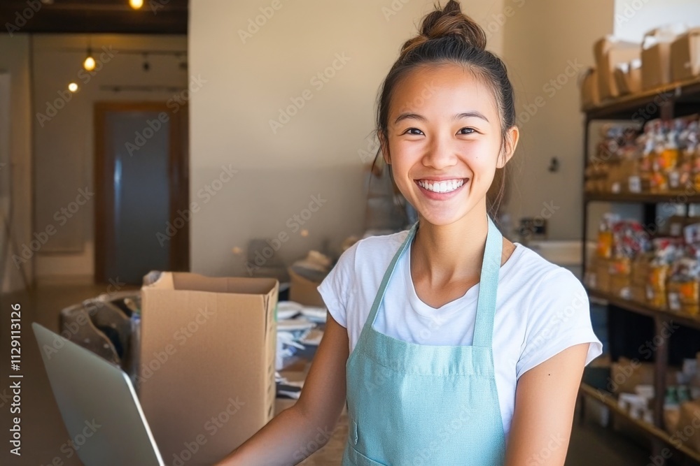 Asian Woman Entrepreneur Working on E-commerce Startup in Modern Workspace with Technology and Sales Generative AI Asian Woman Entrepreneur Working on E-commerce Startup in Modern Workspace with Technology and Sales Generative AI