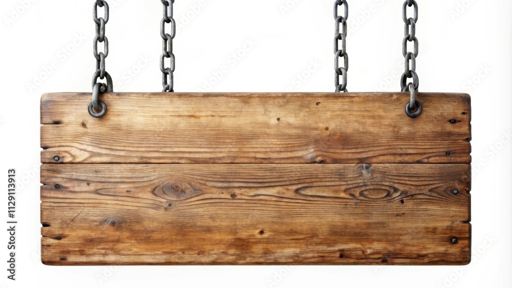 Rustic Wooden Signboard Suspended from Chains with a Blank Surface for Customizable Messaging Rustic Wooden Signboard Suspended from Chains with a Blank Surface for Customizable Messaging