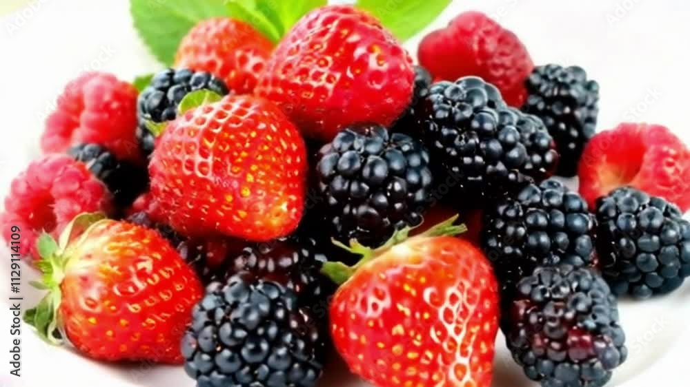 Berries. Various colorful berries rotation background. Mint leaves, Strawberry, Raspberry, Blackberry, Blueberry close-up rotating backdrop. Bio Fruits, Healthy eating, Vegan food, diet. 4K UHD video Berries. Various colorful berries rotation background. Mint leaves, Strawberry, Raspberry, Blackberry, Blueberry close-up rotating backdrop. Bio Fruits, Healthy eating, Vegan food, diet. 4K UHD video
