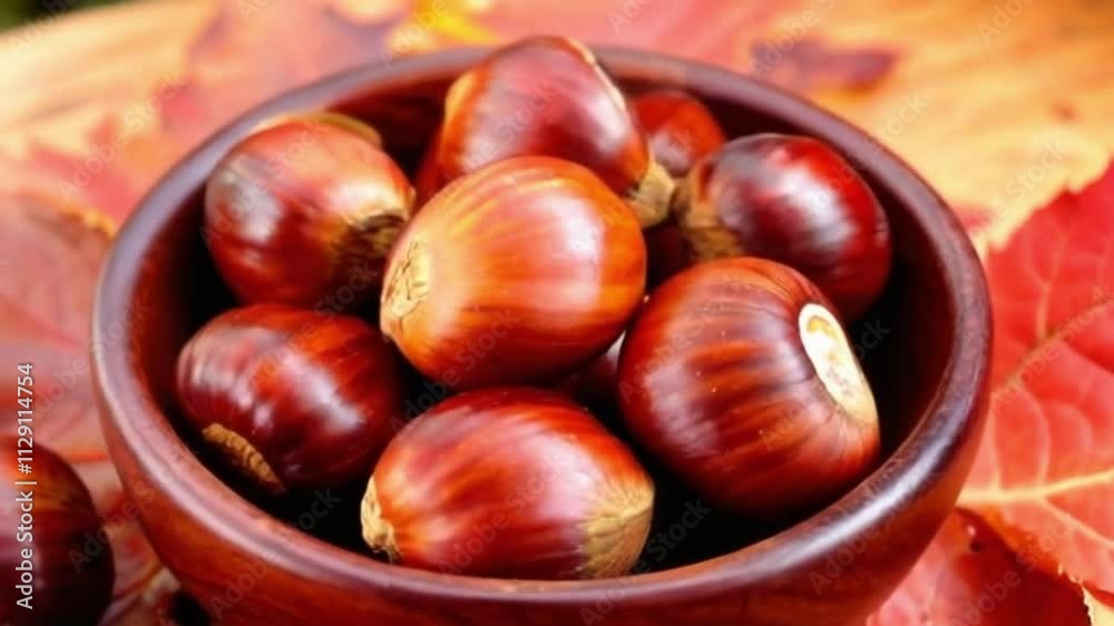 Chestnut, Fresh sweet chestnuts with autumn red leaves on black background, top view. Thanksgiving day. Edible chestnuts rotating in wooden bowl. Top view. Close up. Chestnut, Fresh sweet chestnuts with autumn red leaves on black background, top view. Thanksgiving day. Edible chestnuts rotating in wooden bowl. Top view. Close up.