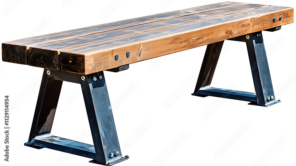 A wooden bench with metal legs and a black frame A wooden bench with metal legs and a black frame