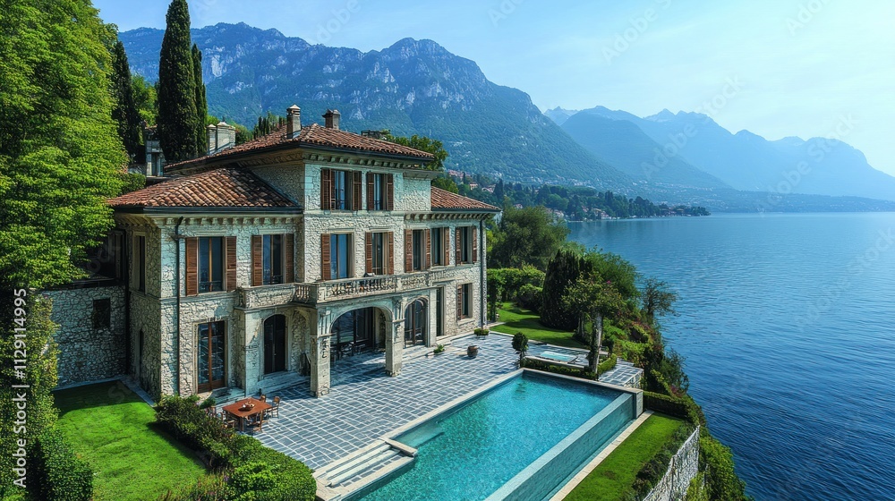 Obraz premium Luxury villa with pool overlooking a scenic lake and mountains.