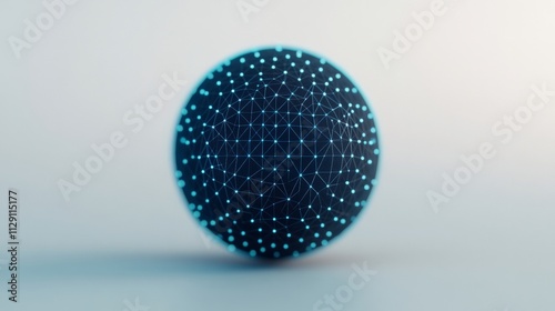 Abstract Geometric Sphere: A minimalist and futuristic depiction of a blue glowing sphere with a complex, interconnected grid pattern. The sphere stands out against a soft grey background. photo