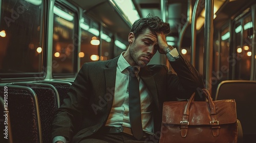 Tired businessman sitting on public transport during commute