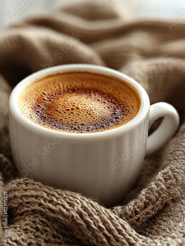 A cozy cup of coffee resting on a textured blanket, showcasing rich colors and inviting warmth.