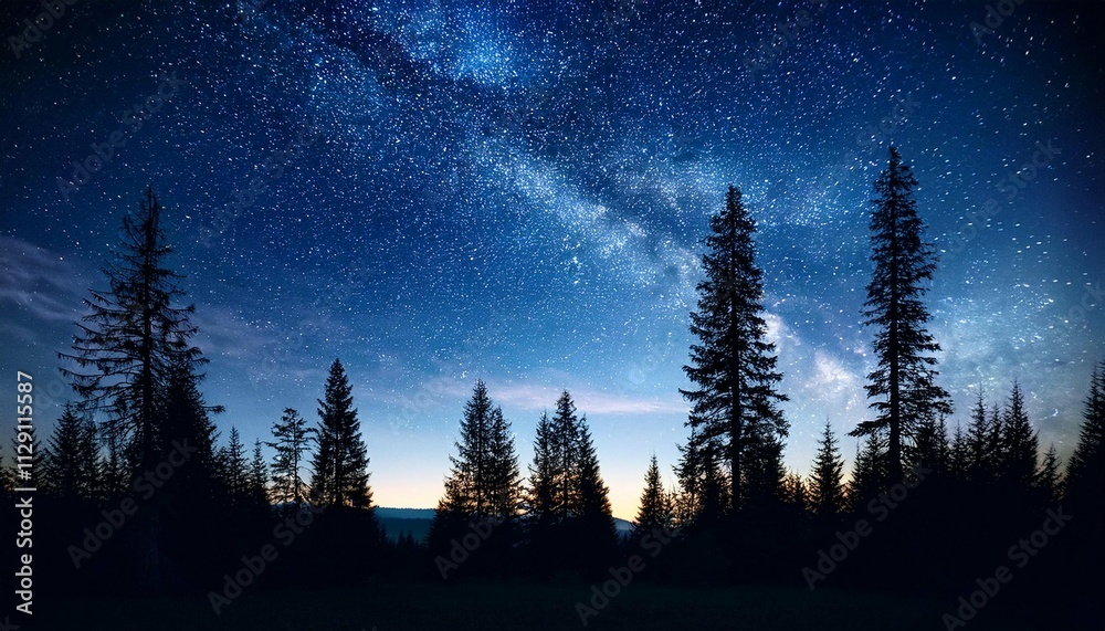 night forest with pine trees dark night sky and many stars night forest landscape night forest with pine trees dark night sky and many stars night forest landscape