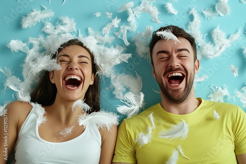 A playful moment of a couple having a pillow fight in their bedroom, with feathers flying and laughter filling the air photo