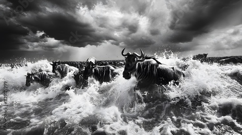 Dramatic Black and White Wildebeest Migration Photo