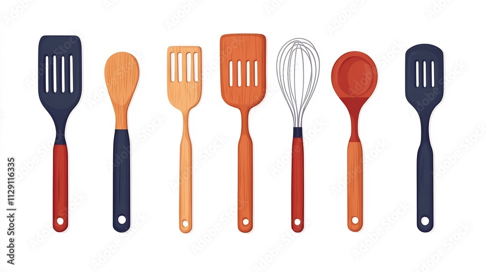 Set of Essential Kitchen Utensils on White Background with Flat Set of Essential Kitchen Utensils on White Background with Flat