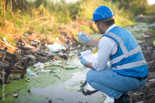 Water resource experts check the water quality in a community canal contaminated with garbage in the canal.