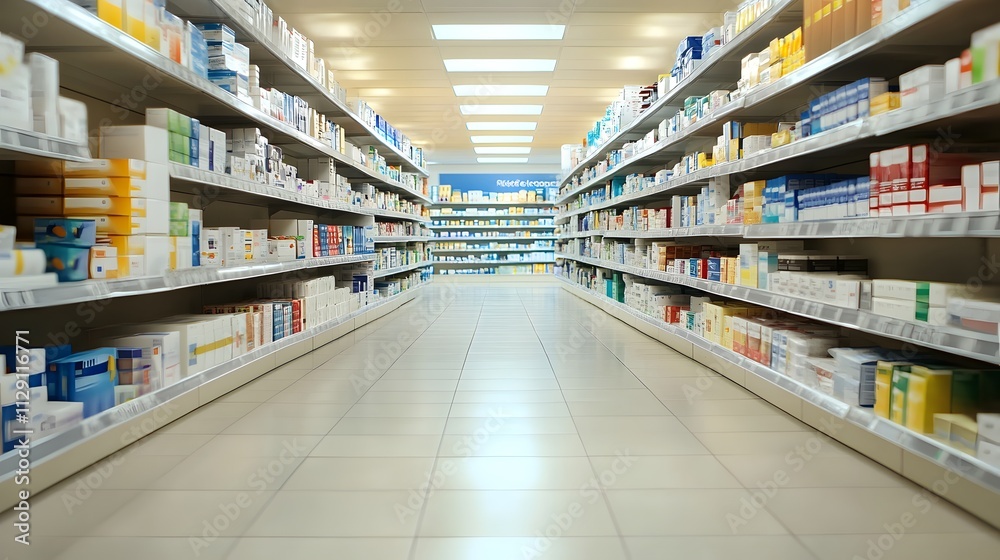 Cinematic, high-angle shot of shelves filled with various medical supplies in the pharmacy Cinematic, high-angle shot of shelves filled with various medical supplies in the pharmacy